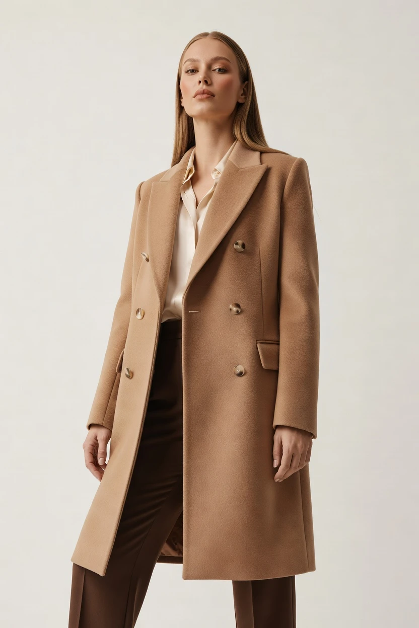 On-model coat outfit, click-driven
