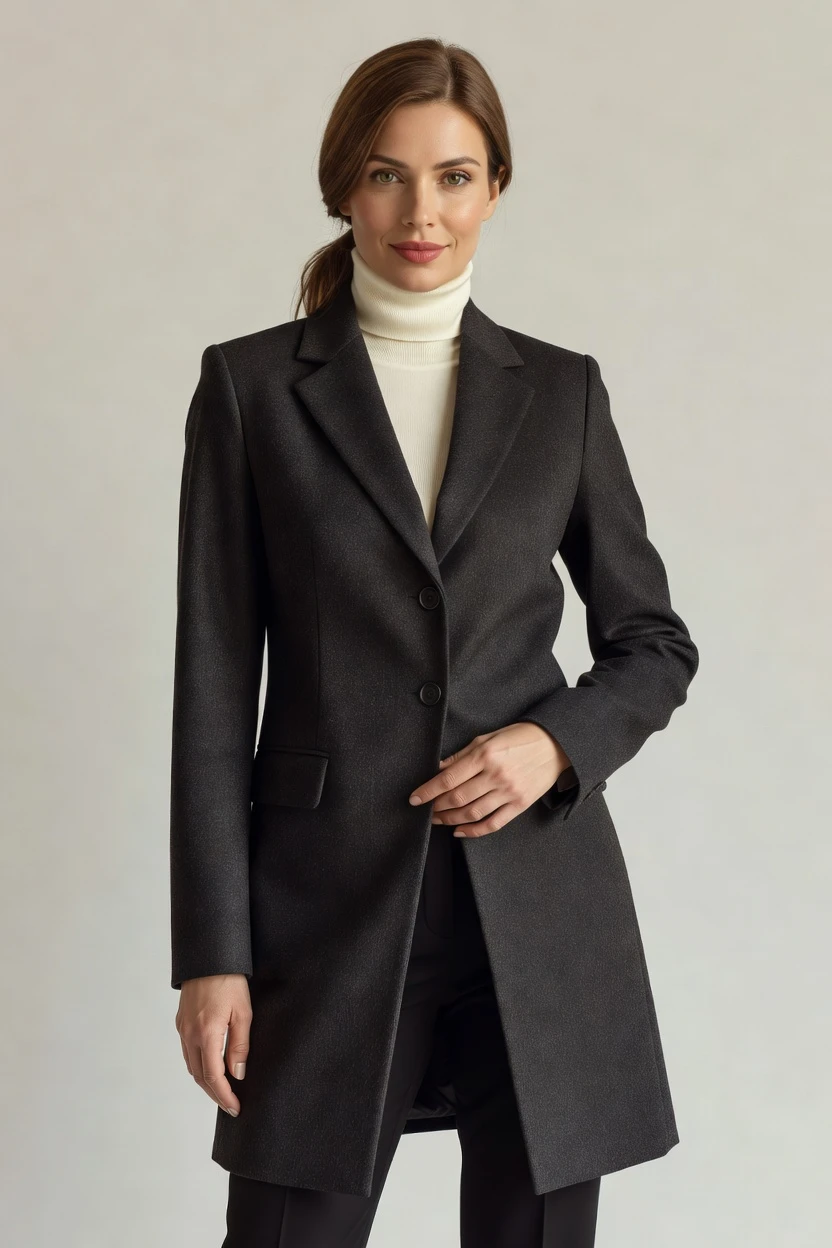 Wool coat, catalog-clean on-model